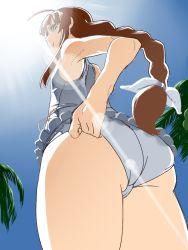 Rule 34 | 10s, 1girl, :t, adjusting clothes, adjusting swimsuit, ahoge, ass, bad id, bad pixiv id, blue sky, blush, braid, brown hair, day, from behind, from below, hair ribbon, hishigata, huge ass, lens flare, long hair, one-piece swimsuit, ribbon, ryoubi (senran kagura), senran kagura, senran kagura shinovi versus, single braid, sky, solo, sun, swimsuit, thighs, tree, white eyes, white one-piece swimsuit