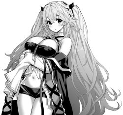 Rule 34 | 1girl, anchorage (azur lane), azur lane, azur lane: slow ahead, breasts, cleavage, greyscale, hori (hori no su), large breasts, long hair, long sleeves, looking at viewer, micro shorts, midriff, monochrome, navel, shorts, solo, very long hair