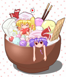 Rule 34 | &gt; &lt;, 2girls, blonde hair, blue hair, bowl, candy, closed eyes, fang, female focus, flandre scarlet, food, gin&#039;you haru, hat, heart, ice cream, in bowl, in container, in food, mini person, minigirl, multiple girls, nude, pocky, ponytail, red eyes, remilia scarlet, short hair, siblings, side ponytail, sisters, spoken heart, touhou