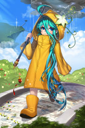 Rule 34 | 1girl, :3, ahoge, aqua hair, bad id, bad pixiv id, blue eyes, blue sky, blush, chac (devil maker), chain, cliff, closed mouth, cloud, coat, commentary, day, devil maker, flower, gem, grass, hair between eyes, highres, holding, holding weapon, hood, hood up, long hair, looking at viewer, official art, path, pavement, rain, raincoat, rheez, road, sky, solo, trench coat, very long hair, walking, weapon