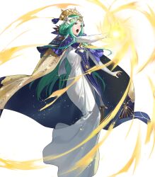 Rule 34 | 1girl, cape, crown, dress, female focus, fire emblem, fire emblem: three houses, fire emblem heroes, flower, full body, gold trim, green eyes, green hair, hair ornament, hand up, highres, jewelry, long dress, long hair, long skirt, long sleeves, looking at viewer, looking away, magic, matching hair/eyes, nintendo, official art, open mouth, parted bangs, rhea (fire emblem), skirt, solo, teeth, transparent background, upper teeth only, white dress, zonotaida
