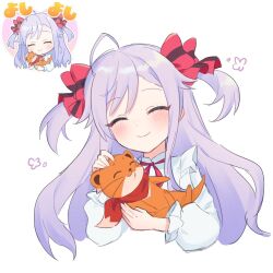 Rule 34 | 1girl, ahoge, animal, blush, bow, closed eyes, closed mouth, collared shirt, cropped torso, flower (symbol), frilled sleeves, frills, hair bow, happy, holding, holding animal, long hair, long sleeves, neck ribbon, niizuma yae, otter, puffy long sleeves, puffy sleeves, purple hair, raised eyebrows, red bow, red ribbon, red scarf, reference inset, ribbon, riru wds, scarf, shirt, single sidelock, smile, solo, swept bangs, two side up, white background, white shirt, world dai star