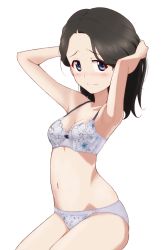 Rule 34 | 1girl, alternate hairstyle, armpits, arms up, black hair, blue bra, blue eyes, blue panties, blush, bra, breasts, closed mouth, commentary, commission, floral print, girls und panzer, hair down, hamada kiyo, hands in hair, highres, kayabakoro, looking at viewer, medium hair, navel, panties, pixiv commission, print bra, print panties, simple background, sitting, small breasts, smile, solo, underwear, underwear only, white background