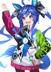 Rule 34 | 1girl, @ @, ahoge, animal ears, arm up, black footwear, black nails, blue hair, commentary request, cowboy shot, hair between eyes, hair ornament, hand on own hip, highres, horse ears, horse girl, horse tail, jacket, long hair, looking at viewer, miya star saa, multicolored clothes, multicolored jacket, open mouth, sharp teeth, simple background, smile, solo, stuffed animal, stuffed toy, tail, teeth, twin turbo (umamusume), twintails, umamusume, upper teeth only, v-shaped eyebrows, very long hair, white background
