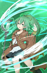 Rule 34 | 1girl, belt, breasts, collarbone, duel monster, feet out of frame, green eyes, green hair, highres, holding, holding staff, long hair, medium breasts, mochi curry, multiple girls, open mouth, pleated skirt, ponytail, robe, shirt, skirt, small breasts, solo, staff, white shirt, wynn (yu-gi-oh!), wynn the wind charmer, yu-gi-oh!