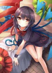 Rule 34 | 1girl, asymmetrical wings, bad id, bad pixiv id, bare legs, barefoot, bed, black dress, black hair, blush, bon, bow, dress, female focus, houjuu nue, looking at viewer, on bed, pillow, red eyes, short hair, sitting, snake, solo, touhou, v arms, wings, wristband