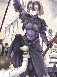 Rule 34 | 1boy, 2girls, black pantyhose, black thighhighs, brown eyes, brown hair, fate/grand order, fate (series), fine art parody, foot on another&#039;s face, fujimaru ritsuka (female), fujimaru ritsuka (male), gauntlets, gorget, grey hair, headpiece, holding, ishii hisao, jeanne d&#039;arc (fate), jeanne d&#039;arc (ruler) (fate), jeanne d&#039;arc alter (avenger) (fate), jeanne d&#039;arc alter (fate), liberty leading the people, light brown hair, multiple girls, outdoors, pantyhose, parody, rectangular mouth, saint quartz (fate), short hair, standing, standing on one leg, stomping, sweat, thighhighs, yellow eyes