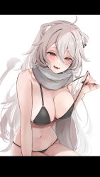 Rule 34 | 1girl, absurdres, ahoge, alternate costume, animal ear fluff, animal ear piercing, animal ears, bikini, black bikini, black eyes, black nails, blush, breasts, cleavage, commentary, cowboy shot, double-parted bangs, fangs, grey hair, grey scarf, hair between eyes, highres, hololive, large breasts, letterboxed, lion ears, lion girl, lion tail, long hair, looking at viewer, nail polish, navel, nerorigogo, open mouth, scarf, shishiro botan, simple background, sitting, skindentation, smile, solo, stomach, strap pull, swimsuit, symbol-only commentary, tail, unaligned breasts, virtual youtuber, white background