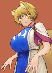 Rule 34 | 1girl, absurdres, animal ears, blonde hair, breasts, brown background, chanta (ayatakaoisii), dress, expressionless, fox ears, fox tail, highres, large breasts, looking at viewer, short hair, short sleeves, simple background, solo, sweatdrop, tabard, tail, touhou, upper body, white dress, yakumo ran, yellow eyes