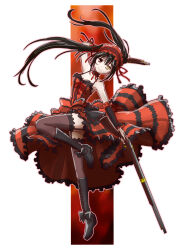 Rule 34 | 1girl, asymmetrical hair, black footwear, black hair, black sleeves, black thighhighs, breasts, cleavage, clock eyes, closed mouth, date a live, detached sleeves, dress, dual wielding, floating hair, frilled dress, frills, full body, garter straps, gothic lolita, gun, heterochromia, highres, holding, holding gun, holding weapon, leg up, lolita fashion, long hair, looking at viewer, medium breasts, outline, red dress, red eyes, red ribbon, ribbon, sleeveless, sleeveless dress, smile, solo, symbol-shaped pupils, taiga hiroyuki, thighhighs, tokisaki kurumi, twintails, very long hair, weapon, white background, yellow eyes