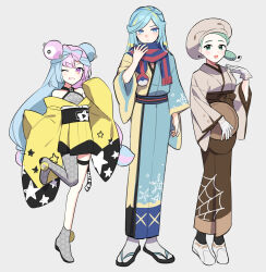 Rule 34 | 1boy, 2girls, adapted costume, black footwear, black socks, blue eyes, blue scarf, boots, brown hakama, closed mouth, commentary request, creatures (company), game freak, green eyes, green hair, grey footwear, grin, grusha (pokemon), hakama, hand up, highres, iono (pokemon), japanese clothes, katy (pokemon), kimono, leg up, long hair, multiple girls, nintendo, one eye closed, open mouth, pokemon, pokemon sv, sandals, scarf, shoes, smile, socks, standing, striped clothes, striped scarf, waka (wk4444), white footwear, white socks, zouri