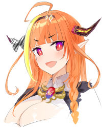Rule 34 | 1girl, ahoge, blouse, blunt bangs, braid, breasts, brown hairband, cleavage, cleavage cutout, clothing cutout, collared shirt, dragon girl, dragon horns, fuumi (radial engine), hairband, hololive, horns, kiryu coco, kiryu coco (1st costume), large breasts, pointy ears, purple eyes, shirt, side braid, simple background, sketch, smile, solo, upper body, v-shaped eyebrows, virtual youtuber, white background, white shirt