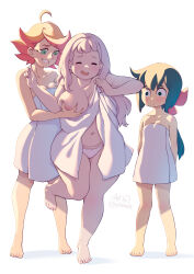 Rule 34 | 3girls, absurdres, ahoge, amanda o&#039;neill, aqua eyes, arms behind back, artist name, barefoot, blue eyes, blush, breasts, clenched teeth, closed eyes, cloudxmoe, collarbone, commentary, constanze amalie von braunschbank-albrechtsberger, curvy, english commentary, english text, full body, grabbing, grabbing another&#039;s breast, green hair, grin, hair ribbon, highres, jasminka antonenko, large breasts, legs apart, little witch academia, long hair, medium breasts, medium hair, multicolored hair, multiple girls, naked towel, navel, nipples, open mouth, orange hair, panties, pink hair, pink panties, plump, ponytail, red hair, ribbon, sanpaku, shadow, short bangs, short hair, sidelighting, simple background, small breasts, smile, standing, standing on one leg, teeth, thick thighs, thighs, towel, two-tone hair, underwear, white background, yuri
