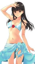 Rule 34 | 1girl, amagami, arm up, ayatsuji tsukasa, bare shoulders, bikini, black eyes, black hair, blue bikini, breasts, cleavage, collarbone, extraction, flower, long hair, looking at viewer, navel, parted lips, red flower, santa (sunflower), see-through, solo, straight hair, swimsuit, transparent background