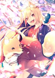 Rule 34 | 1girl, animal ear fluff, animal ears, blonde hair, blurry, blurry background, blurry foreground, blush, chita (ketchup), commentary request, depth of field, ear piercing, facial mark, fangs, fox, fox ears, fox girl, fox tail, hair between eyes, head tilt, highres, japanese clothes, kimono, kiseru, long hair, long sleeves, mouth hold, original, piercing, red eyes, red kimono, ribbon-trimmed sleeves, ribbon trim, simple background, smoking pipe, solo, tail, thick eyebrows, very long hair, wide sleeves