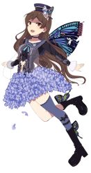 Rule 34 | 10s, 1girl, bad id, bad pixiv id, blush, brown eyes, brown hair, butterfly hair ornament, butterfly wings, flower skirt, hair ornament, hat, idolmaster, idolmaster million live!, insect wings, kitazawa shiho, long hair, looking at viewer, open mouth, shimashima, single thighhigh, smile, solo, thighhighs, wings