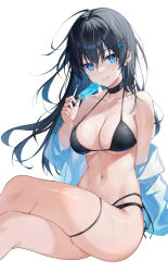 Rule 34 | 1girl, absurdres, bare shoulders, bikini, black bikini, black choker, black hair, blue eyes, breasts, choker, commentary, earrings, food, hair between eyes, hair ornament, hairclip, hand up, highres, holding, holding food, jacket, jewelry, large breasts, long hair, looking at viewer, navel, off shoulder, open clothes, open jacket, original, popsicle, simple background, sitting, sky, smile, solo, stomach, swimsuit, thigh strap, thighs, timmoo, very long hair, white background