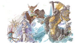 Rule 34 | 1girl, 2others, ambiguous gender, axe, bare shoulders, blue eyes, blue hair, braid, bubble, detached sleeves, dracoback the rideable dragon, dragon, dress, duel monster, goggles, goggles on head, golem, helmet, holding, holding axe, large ears, long hair, magicore warrior of the relics, multiple others, open mouth, pointy ears, pointy hair, purple eyes, red eyes, silhouette, smile, tamago (xyxk3743), thighhighs, wandering gryphon rider, water enchantress of the temple, yu-gi-oh!
