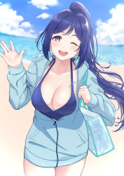 Rule 34 | 1girl, ;d, absurdres, arhah, bag, beach, bikini, blue bikini, blue hair, blue sky, breasts, cleavage, cloud, commentary request, day, halterneck, handbag, high ponytail, highres, hood, hoodie, large breasts, long hair, looking at viewer, love live!, love live! sunshine!!, matsuura kanan, ocean, one eye closed, open mouth, outdoors, ponytail, purple eyes, revision, sand, shore, sidelocks, sky, smile, solo, swimsuit, thighs, water, waving