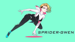 Rule 34 | 1girl, animification, aqua background, artist name, black bodysuit, blonde hair, blue eyes, bodysuit, character name, closed mouth, dated, female focus, full body, highres, hood, hooded bodysuit, looking at viewer, marvel, midair, multicolored bodysuit, multicolored clothes, short hair, simple background, smile, solo, spider-gwen, spider-man: into the spider-verse, spider-man (series), spider-verse, spider web print, superhero costume, unapril, undercut, white bodysuit