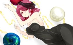 Rule 34 | 1girl, alternate costume, bare shoulders, black dress, breasts, chain, curvy, dress, earrings, earth (ornament), eyes visible through hair, gold chain, half-closed eyes, hecatia lapislazuli, impossible clothes, impossible dress, jewelry, long eyelashes, looking at viewer, lying, medium breasts, moon (ornament), navel, no pupils, on side, parted lips, raptor7, red eyes, red hair, shiny skin, short hair, sketch, solo, strapless, strapless dress, thighs, touhou, veil, wide hips