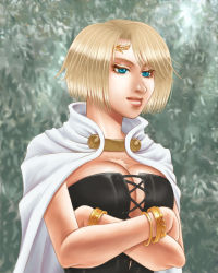 Rule 34 | 1girl, arisen (dragon&#039;s dogma), arusha, bangle, blonde hair, blue eyes, bracelet, breasts, bustier, cape, circlet, cleavage, crossed arms, dragon&#039;s dogma, dragon&#039;s dogma (series), jewelry, large breasts, lips, lots of jewelry, nose, scar, solo