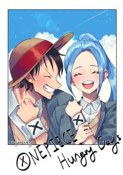 Rule 34 | 1boy, 1girl, alternate costume, artist name, black hair, blue hair, blush, clenched hand, clenched teeth, closed eyes, cloud, cloudy sky, commentary request, english text, hat, high ponytail, highres, korean commentary, long hair, monkey d. luffy, nefertari vivi, one piece, open mouth, outdoors, ponytail, sayakdrinking, school uniform, short hair, sky, smile, straw hat, teeth, uniform