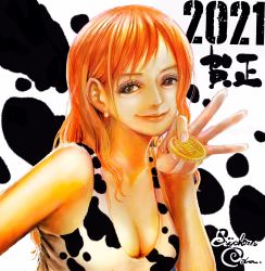 Rule 34 | 1girl, 2021, animal print, breasts, brown eyes, chinese zodiac, cleavage, coin, commentary request, cow print, earrings, highres, holding, holding coin, jewelry, long hair, medium breasts, nami (one piece), oda eiichirou, official art, one piece, orange hair, signature, smile, solo, tank top, upper body, year of the ox