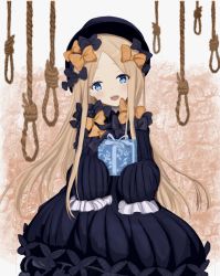 Rule 34 | 1girl, :d, abigail williams (fate), bad id, bad pixiv id, black bow, black dress, black hat, blue eyes, blush, bow, box, bug, butterfly, commentary, dress, fate/grand order, fate (series), forehead, gift, gift box, hair bow, hat, head tilt, highres, holding, holding gift, insect, light brown hair, long hair, long sleeves, looking at viewer, noose, open mouth, orange bow, parted bangs, polka dot, polka dot bow, rope, sleeves past wrists, smile, solo, teeth, tinkleing, upper teeth only, very long hair