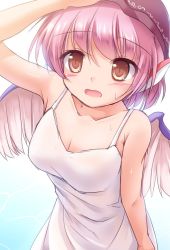 Rule 34 | 1girl, alternate costume, animal ears, arm up, armpits, bare arms, bird wings, blush, breasts, brown eyes, cleavage, collarbone, dress, hat, leaning forward, looking at viewer, lzh, medium breasts, mob cap, mystia lorelei, open mouth, pink hair, short hair, solo, sundress, sweat, touhou, upper body, white dress, wings