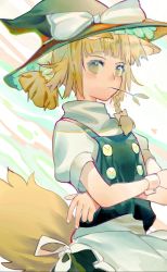 Rule 34 | 1girl, absurdres, alternate hairstyle, animal ear fluff, animal ears, apron, black hat, black skirt, black vest, blonde hair, blouse, bow, braid, crossed arms, fox ears, fox tail, frilled hat, frills, hair bow, hat, hat bow, highres, kirisame marisa, looking at viewer, medium hair, mouth hold, noco (pixiv14976070), shirt, short ponytail, short sleeves, side braid, single braid, skirt, solo, stalk in mouth, tail, touhou, turtleneck, upper body, vest, waist apron, white bow, white shirt, witch hat, wrist cuffs, yellow eyes