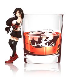 Rule 34 | 1girl, absurdres, alcohol, asymmetrical bangs, bartender, black hair, black thighhighs, breasts, crossed arms, earrings, elbow pads, final fantasy, final fantasy vii, final fantasy vii remake, fingerless gloves, full body, glass, gloves, highres, ice, ice cube, jewelry, large breasts, liquor, long hair, low-tied long hair, midriff, mogu (kuromezennkainopokke), parted lips, red eyes, reflective floor, shirt, skirt, smile, solo, sports bra, suspender skirt, suspenders, thighhighs, tifa lockhart, white background, white shirt