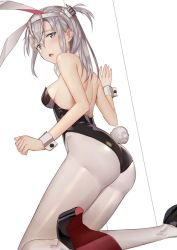 Rule 34 | 1girl, animal ears, blush, breasts, detached collar, fake animal ears, hair between eyes, kantai collection, leotard, long hair, one side up, open mouth, pallad, pantyhose, playboy bunny, rabbit ears, rabbit tail, silver hair, simple background, small breasts, suzutsuki (kancolle), tail, twitter username, white background, white pantyhose