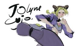 Rule 34 | 1girl, character name, commentary, english commentary, green hair, green lips, hair bun, highres, jacket, jojo no kimyou na bouken, kuujou jolyne, leg up, linerynlasgalen, looking at viewer, multicolored hair, purple jacket, sidelocks, simple background, solo, stone ocean, two-tone hair, white background
