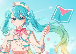 Rule 34 | 1girl, aircraft, airplane, aqua eyes, aqua hair, aqua nails, beret, blonde hair, blue background, blush, closed mouth, commentary, crop top, cropped jacket, dot nose, ear piercing, english commentary, envelope, flag, gradient background, gradient hair, green hair, hair ornament, hand on own chest, hat, hatsune miku, holding, holding flag, long hair, long sleeves, looking at viewer, magical mirai (vocaloid), magical mirai miku, magical mirai miku (2024), miku day, multicolored clothes, multicolored hair, multicolored hat, multicolored nails, musical note, navel, piercing, pin, pink nails, pink ribbon, puffy sleeves, ribbon, signature, smile, solo, swept bangs, twintails, very long hair, vocaloid, wanda (natade nico2525)