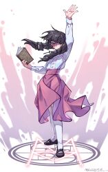 Rule 34 | 1girl, arm up, black hair, book, chinese commentary, dated, drill hair, fear &amp; hunger, fear &amp; hunger 2: termina, full body, highres, holding, holding book, long skirt, long sleeves, magic circle, marina (fear &amp; hunger), mary janes, melonnn melon, pink skirt, scar, scar on face, shoes, skirt, socks, solo, standing, white socks