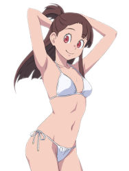 Rule 34 | 1girl, armpits, arms behind head, arms up, asymmetrical bangs, bikini, blunt bangs, blunt ends, breasts, brown hair, cleavage, closed mouth, collarbone, cowboy shot, floating hair, groin, halterneck, kagari atsuko, little witch academia, long hair, looking at viewer, navel, red eyes, satochi, side-tie bikini bottom, simple background, small breasts, smile, solo, standing, swimsuit, tan, topknot, white background, white bikini
