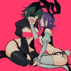 Rule 34 | 2girls, animal ears, bar censor, black thighhighs, breasts, censored, chainsaw man, detached sleeves, eyepatch, fake animal ears, fake tail, green eyes, green hair, hair between eyes, hair bun, hair over one eye, hairband, hand on another&#039;s chin, highres, himeno (chainsaw man), juliet sleeves, large breasts, leotard, liowig, long sleeves, looking at viewer, multiple girls, panties, pink background, playboy bunny, puffy sleeves, purple hair, rabbit ears, rabbit tail, reze (chainsaw man), seiza, short hair, side-tie panties, simple background, single hair bun, sitting, small breasts, tail, thighhighs, underwear, white sleeves, white thighhighs
