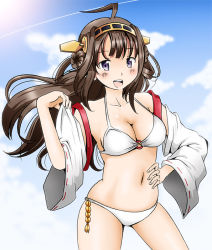 Rule 34 | 10s, 1girl, :d, ahoge, bikini, blush, breasts, brown hair, cleavage, cloud, contrapposto, day, detached sleeves, hairband, halterneck, hand on own hip, kantai collection, kongou (kancolle), light rays, long hair, medium breasts, navel, o-ring, o-ring top, open mouth, personification, purple eyes, shino (ponjiyuusu), sky, smile, solo, standing, string bikini, sun, sunbeam, sunlight, swimsuit, white bikini