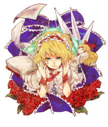 Rule 34 | 1girl, alice margatroid, bad id, bad pixiv id, blonde hair, blue eyes, book, capelet, doll, female focus, flower, kiguchiko, lance, polearm, red flower, red rose, rose, shanghai doll, short hair, solo, touhou, upper body, weapon