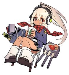 Rule 34 | 1girl, azur lane, bag charm, black skirt, blonde hair, blue bag, blue cardigan, brown footwear, burger, cardigan, chair, charm (object), coffee, coffee cup, commentary request, crossed bangs, cup, dark-skinned female, dark skin, disposable cup, drinking straw, drinking straw in mouth, facepaint, food, french fries, full body, hair between eyes, headphones, high ponytail, highres, holding, holding cup, leaning back, long hair, looking at viewer, manjuu (azur lane), mephisto (angraecum), miniskirt, minneapolis (azur lane), minneapolis (wild huntress schoolgirl) (azur lane), official alternate costume, parody, plaid, plaid scarf, pleated skirt, red eyes, red scarf, rigging, ringed eyes, scarf, shoes, skirt, socks, solo, style parody, toon (style), turret, very long hair, wcdonald&#039;s, white socks