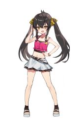 Rule 34 | 1girl, absurdres, animal print, armpits, badge, bangle, bare legs, bare shoulders, belt, black belt, black camisole, black footwear, black hair, black skirt, blush, bracelet, buttons, camisole, collarbone, full body, hair ribbon, hand in own hair, hand on own hip, hand up, highres, idolmaster, idolmaster cinderella girls, idolmaster cinderella girls u149, jewelry, karasu btk, long hair, looking at viewer, matoba risa, midriff, miniskirt, navel, open mouth, pendant, pink camisole, pleated skirt, print ribbon, ribbon, simple background, skirt, smile, solo, tiger print, toes, twintails, v-shaped eyebrows, very long hair, white background, white skirt, yellow eyes, yellow ribbon