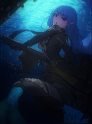 Rule 34 | 1girl, bad id, bad pixiv id, blue eyes, blue hair, bypos, camouflage, dark, facial mark, female focus, gun, highres, holding, holding gun, holding weapon, knife, looking at viewer, mermaid, military, monster girl, original, pointy ears, rifle, scales, sheath, sheathed, solo, underwater, weapon