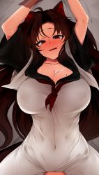 Rule 34 | 1girl, absurdres, ahoge, animal ears, arms up, blush, breasts, brown hair, cleavage, collarbone, commentary, covered navel, dress, eyelashes, furrowed brow, grey background, highres, huge breasts, imaizumi kagerou, long hair, looking at viewer, mizuga, navel, open mouth, parted bangs, red eyes, sidelocks, simple background, slit pupils, solo, standing, sweat, sweatdrop, symbol-only commentary, touhou, white dress, wolf ears, wolf girl