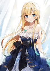 Rule 34 | 1girl, arms behind back, bare shoulders, black bow, blonde hair, blue dress, blue eyes, bow, breasts, closed mouth, collarbone, curtains, dress, earrings, flower, frilled dress, frills, hair flower, hair ornament, hairclip, halter dress, halterneck, highres, jewelry, large bow, light particles, long hair, looking at viewer, medium breasts, original, sleeveless, smile, solo, virtual youtuber, wavy hair, wind, window, yon (letter)