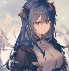 Rule 34 | 1girl, arknights, black jacket, blue eyes, blue hair, breasts, closed mouth, commentary, demon horns, detached wings, grey background, hair between eyes, halo, highres, horns, jacket, light smile, long hair, looking at viewer, medium breasts, mostima (arknights), mostima (spellbreaker) (arknights), official alternate costume, shirt, sigma eeco, simple background, smile, smirk, solo, upper body, white shirt, wings