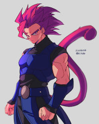 Rule 34 | 1boy, armor, arms at sides, black shirt, clenched hands, closed mouth, commentary request, covered collarbone, dated, dragon ball, dragon ball legends, highres, male focus, monkey tail, pink eyes, pink hair, saiyan armor, serious, shallot (dragon ball), shirt, solo, standing, super saiyan, super saiyan god, tail, turtleneck, twitter username, zero-go