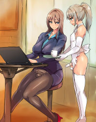Rule 34 | 1boy, 1girl, apron, blue eyes, brown hair, bulge, computer, crossdressing, elbow gloves, erection, erection under clothes, futanari, gloves, grey hair, high heels, highres, laptop, long hair, office, open mouth, pantyhose, penis, ponytail, shoes, testicles, thighhighs, trap, ubanis, white thighhighs