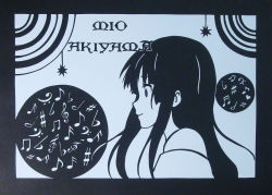 Rule 34 | 1girl, akiyama mio, bass clef, beamed quavers, black eyes, black hair, character name, flat sign, heart, hime cut, k-on!, kirigami, listen!!, long hair, monochrome, musical note, nao (sit5611), quaver, sharp sign, smile, solo, spoken musical note, treble clef, very long hair