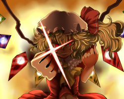Rule 34 | 1girl, ascot, blonde hair, clenched hands, evil grin, evil smile, fang, female focus, flandre scarlet, grin, hat, hat ribbon, red eyes, ribbon, shaded face, short hair, side ponytail, smile, solo, touhou, wings, zan (harukahime)